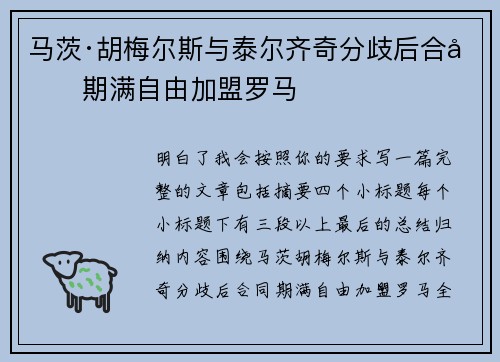 马茨·胡梅尔斯与泰尔齐奇分歧后合同期满自由加盟罗马